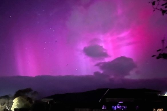 Morning skies over Warrnambool on Friday morning with magnificent aurora displays in pink and red.