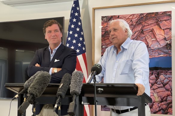 Clive Palmer and Tucker Carlson (left): Palmer has previously said he is looking forward to reaping a profit from his national Freedom Conference tour starring right-wing journalist Carlson.