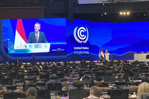 Climate Change & Energy Minister Chris Bowen delivers Australia’s national statement to the plenary of the COP27 climate summit in Sharm el-Sheikh, Egypt.