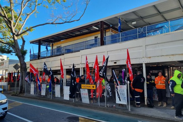 CFMEU members protest at the Cross River Rail construction site in Roma Street.