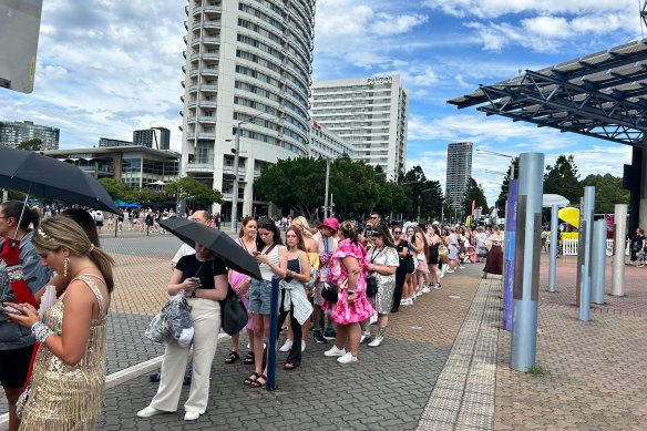 The line for Taylor Swift merch a few hours out from the start of the show.