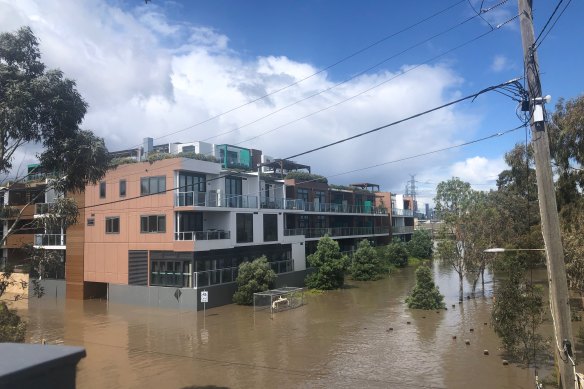 An apartment block in Kensington next to the Maribyrnong River, that was flooded in the deluge.