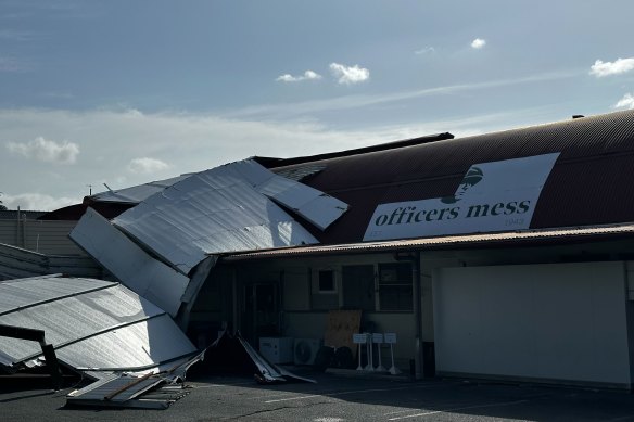 The Officers Mess restaurant after wind blew part of the roof off on Friday.