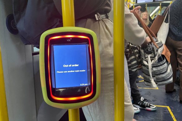 A Myki reader on a Melbourne tram displays an error message on Thursday afternoon.