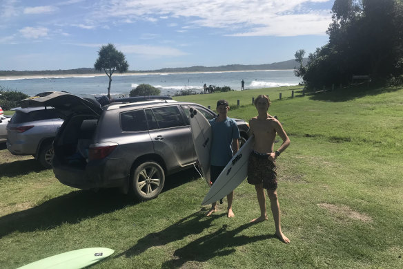 Luke Hall (right) with friend Will Corcoran at Point Plomer on NSW’s North Coast.