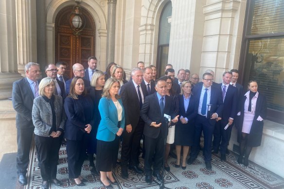 Victorian Liberal leader John Pesutto speaks to reporters on the steps of parliament after leading an opposition walkout.