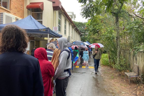 Voters queue at Indooroopilly in the seat of Ryan in Brisbane’s west to vote on Saturday
