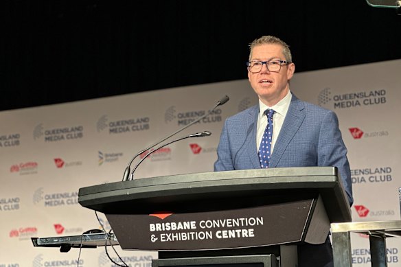 Minister for Defence Industry and Minister for Pacific Island Affairs Pat Conroy addressing the Queensland Media Club at the Brisbane Convention and Exhibition Centre.