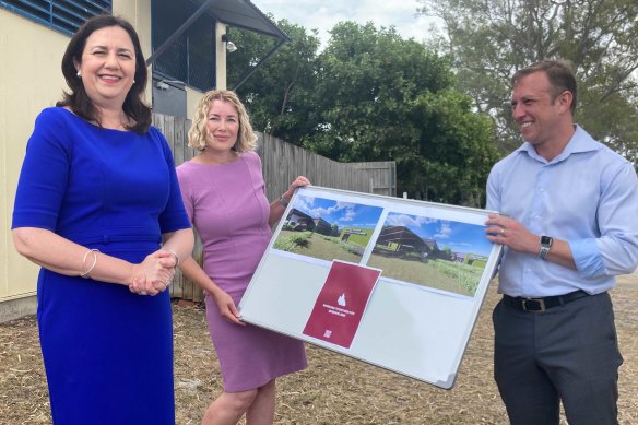 Premier Annastacia Palaszczuk, then-candidate (now MP) for Pumicestone Ali King and Deputy Premier Steven Miles announcing the satellite hospital policy at Bribie Island during the 2020 state election.