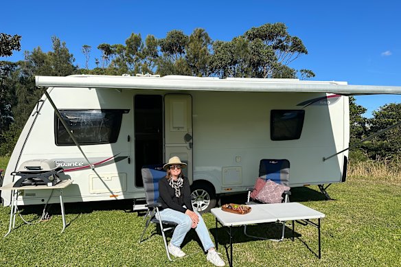 The writer with her temporary home.