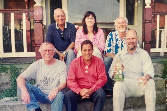 The Back Page team, Christmas drinks, circa 1998. Back row: Peter Frilingos, Keeley Devery, Billy Birmingham. Front row: Mike Gibson, Saul Shtein, Peter FitzSimons.