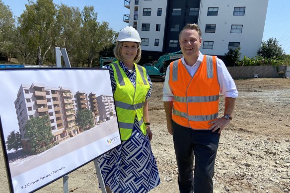 Brisbane Housing Company’s Greta Egerton with Lord Mayor Adrian Schrinner at the 92-unit community housing development in Chermside on Tuesday.