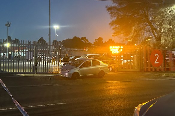 A damaged car outside the Melbourne Showgrounds.
