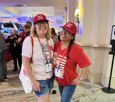 Trump fans Diane Lewis and Brenda Alvarez from Long Island at the Conservative Political Action Conference