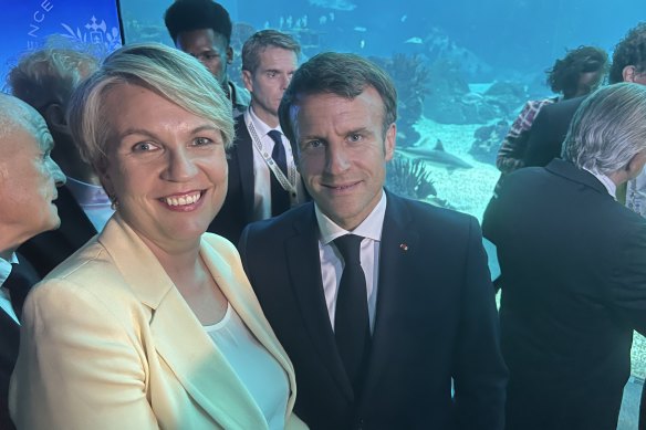 French President Emmanuel Macron with Environment Minister Tanya Plibersek at an event at the UN Oceans Conference in Lisbon, Portugal.