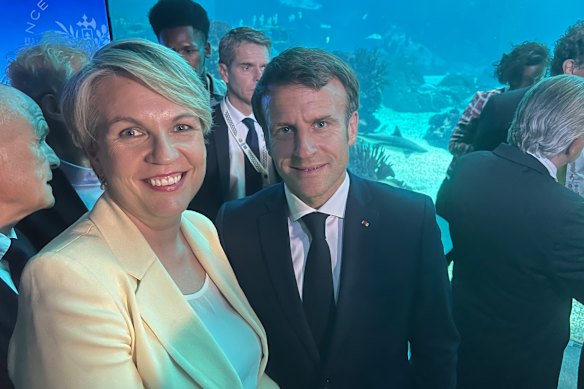 French President Emmanuel Macron with Environment Minister Tanya Plibersek at an event at the UN Oceans Conference in Lisbon, Portugal.