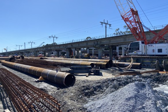 The new Coomera River Bridge construction zone, to become part of the new Hope Island Road rail station.  