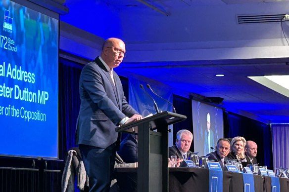 Opposition Leader Peter Dutton speaking at the Victorian Liberal Party state council.