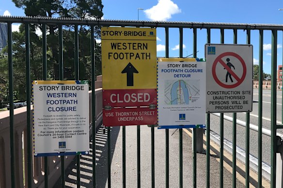 The Story Bridge footpaths on the day they closed in March.