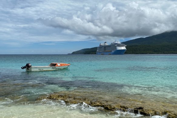 Quantum of the Seas anchored between Mystery Island and Aneityum.