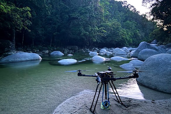 A drone is prepped for flight in North Queensland’s Daintree rainforest.