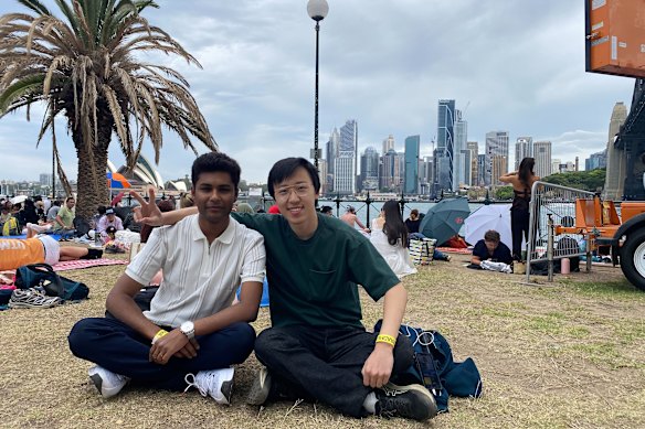 International students Khalid (L) and Louis (R) waiting for the fireworks on New Year’s Eve in Sydney.