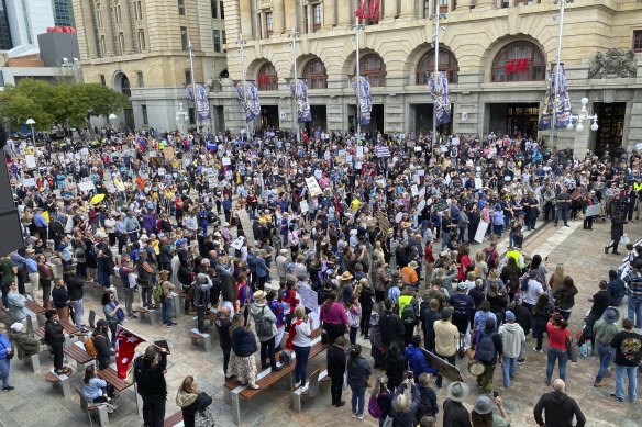 An anti-lockdown and vaccine mandate protest gathers at Forrest Place in Perth about midday on Saturday, September 18, 2021. 