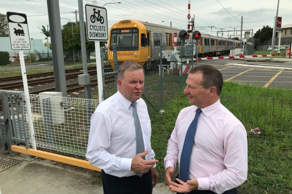 Opposition Leader Anthony Albanese and federal MP for Moreton Graham Perrett in 2019, announcing $73 million as a share of the $210 million to replace the Coopers Plains rail crossing with an overpass.