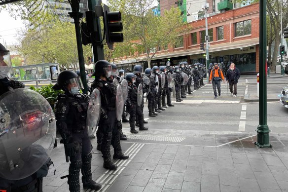 Riot police blocking Melbourne’s Elizabeth Street on Wednesday morning.