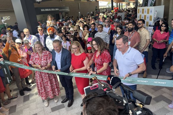The ribbon-cutting at Ellenbrook Station with WA Premier Roger Cook, Transport Minister Rita Saffioti and former premier Mark McGowan.