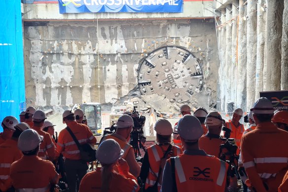 The first of two underground tunnels for Brisbane’s Cross River Rail project emerges on the north side of the river beside the Inner City Bypass.