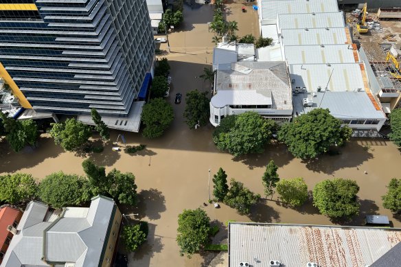 An aerial view of flooding in South Brisbane on Monday.