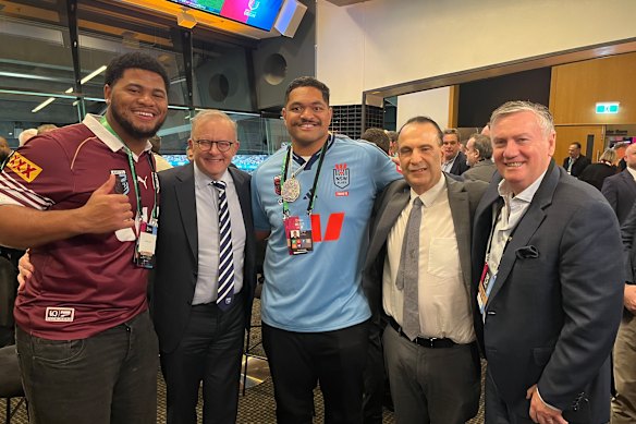 From left: Jonah Laulu, Anthony Albanese, Atonio Mafi, Peter V’landys and Eddie McGuire.