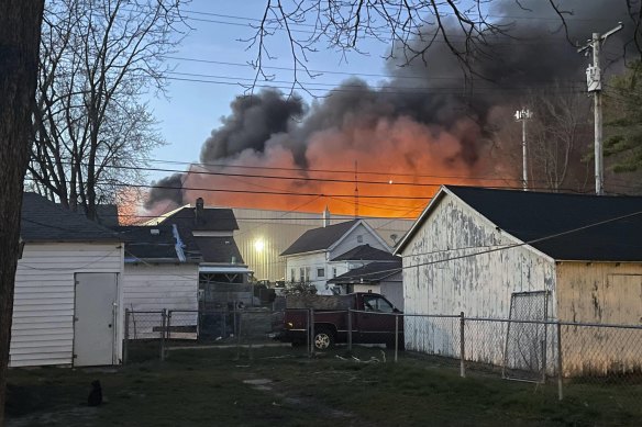 Smoke rising from a former factory site in Richmond, Indiana, on Tuesday.