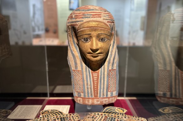 An ancient Egyptian cartonnage mask from the collection of the Abbey Museum.