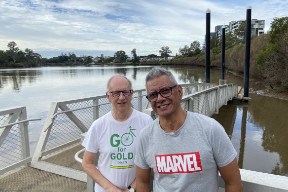Yeronga residents Jack Callone and Zane Hema say it makes sense to ask for a business case for upstream stops for Brisbane’s CityCats. Tennyson Reach residents believe a CityCat was always planned for the adjacent tennis centre.