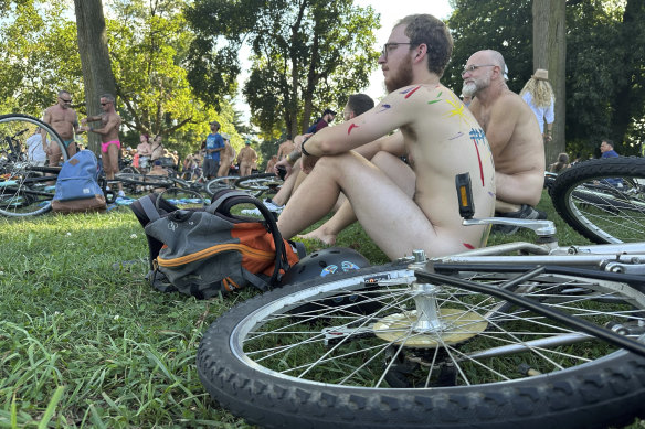 Riders wait for the start of the Philly Naked Bike Ride in Philadelphia.