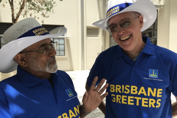 Brisbane Greeters' Shashi Chowhan from Fiji and Roy Rogers from Salisbury are back in the saddle in December 2020 as volunteers after a nine-month break.