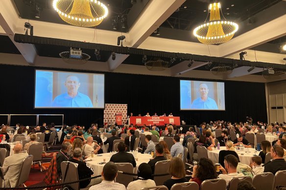 Premier Roger Cook addressing the WA Labor state conference via a pre-recorded video after contracting COVID-19 this week.