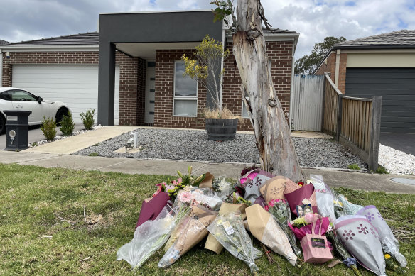 Flowers left outside Celeste Manno’s home in Mernda where she was killed in November 2020. 