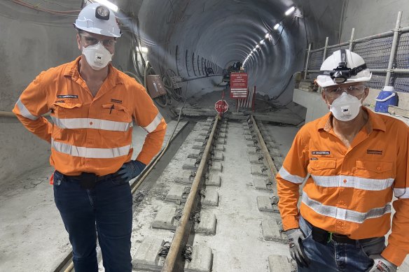 Cross River Rail’s Roma Street Station underground. Cross River Rail chief executive Graeme Newton (right) and Cross River Rail project director Jeremy Kruger with new rail line connecting Roma Street to Boggo Road.