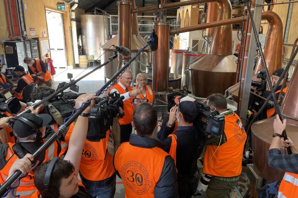 Hi vis, low bar. Prime Minster Scott Morrison campaigns in Hobart on Friday.