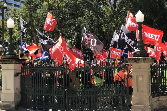 CFMEU protesters are expected to join government builders, plumbers, electricians when they strike outside 1 William Street on September 1 arguing for wage increases.