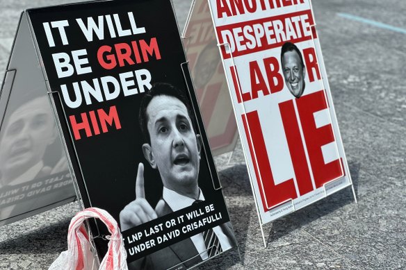 Election ads from the Rail, Tram and Bus Unio<em></em>n and Australian Institute of Progress – both registered third-parties in the campaign – outside the City Hall early voting booth this week. 