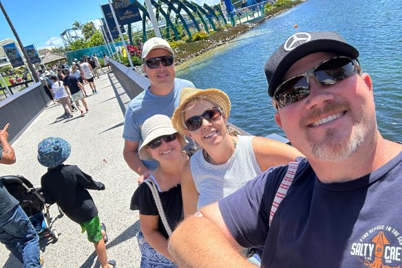 Edward (far back) and Marle Swart with Elmarie and Riaan Steenberg (front right) before the Sea World helicopter tragedy on the Gold Coast.