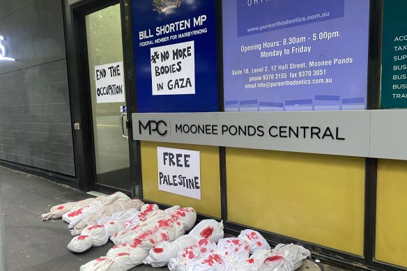 Fake bodies were placed outside of Bill Shorten’s office on Wednesday.