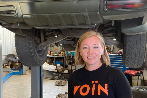 Khrystyna Fetsitsa in Ternopil at the workshop where volunteers refit 4WDs for the front line. Her shirt says “warrior” in Ukrainian. 