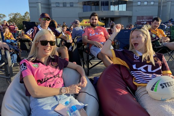 The Richards family snared front-row seats outside the Broncos’ headquarters in Red Hill ready for the grand final.