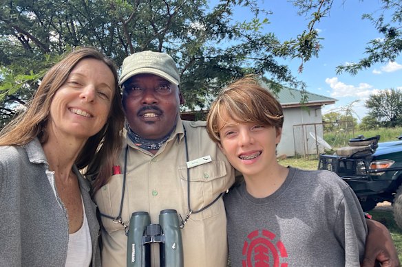 The author (left) and her son Digby (right), with guide Patita Maya on location in Tanzania.