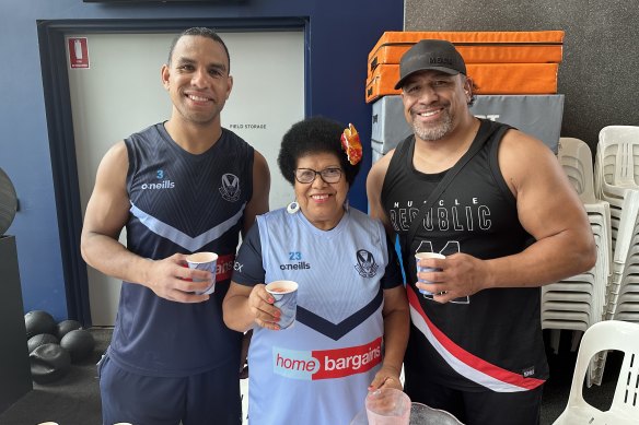 John Hopoate (right) with eldest son Will and John’s mother, Melesisi, at St Helens training this week.